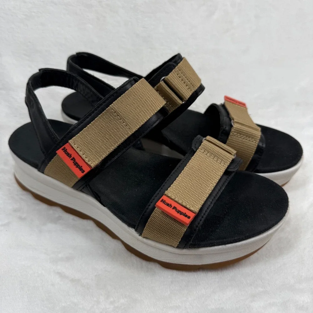 Hush Puppies Brite Jute Black Tan Platform Sporty Sandals‎ HW06698-002 Womens 8